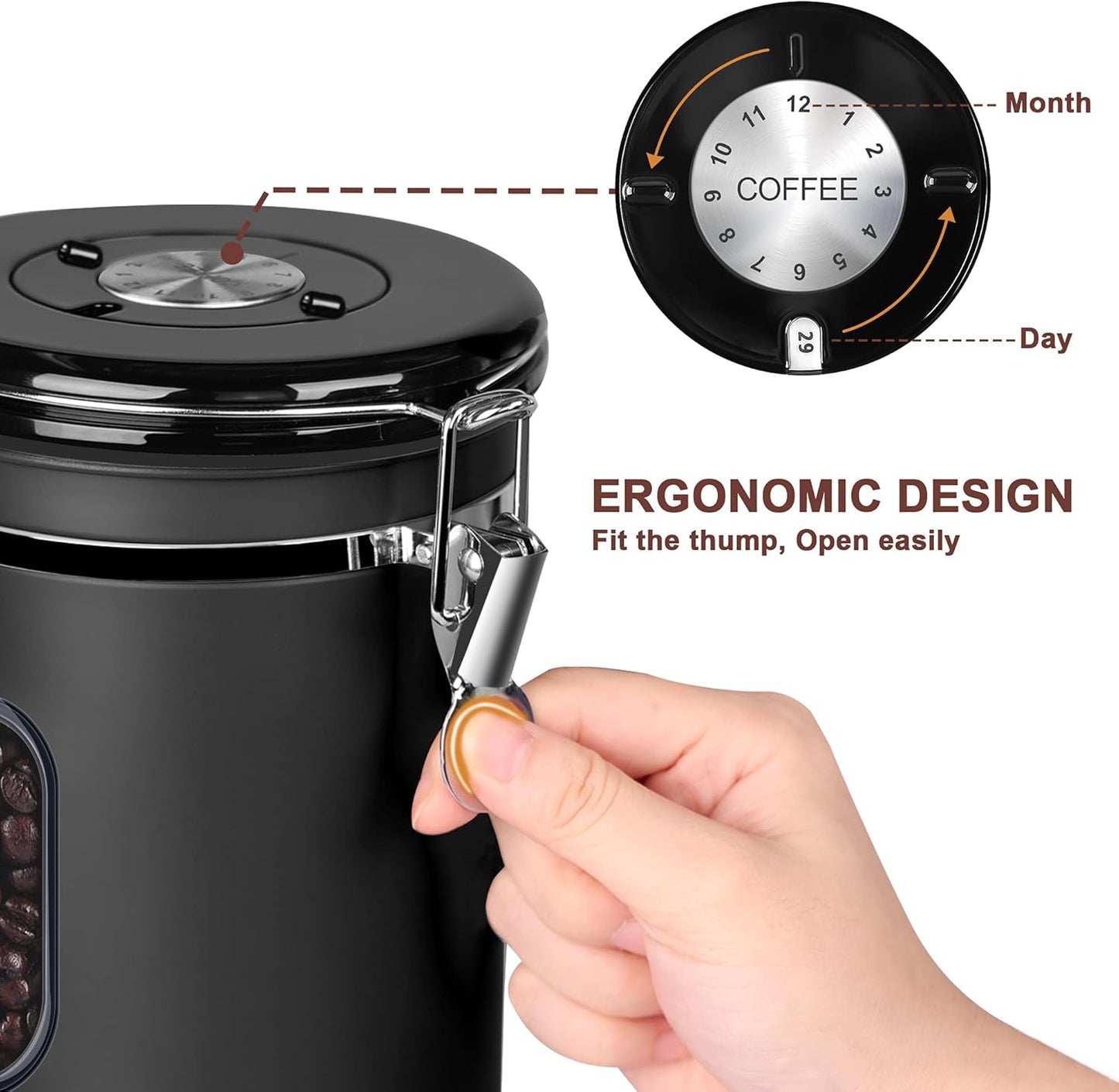 1500ML Airtight Coffee Canister with Date Tracker&Transparent Window, 18OZ Coffe Beans Storage with 30ML Measure Spoon&4 co2 Valve, Coffee Container for Grounds Coffee, Beans, Tea, Sugar, Flour(Black)