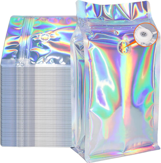 Coffee Bags with Valve (50 PCS,32oz/2lb) Holographic High Barrier Aluminum Foil Flat Bottom Standing Coffee Beans Storage Packaging Bags, Reusable Heat Seal Side Zipper Pouches for Small Business