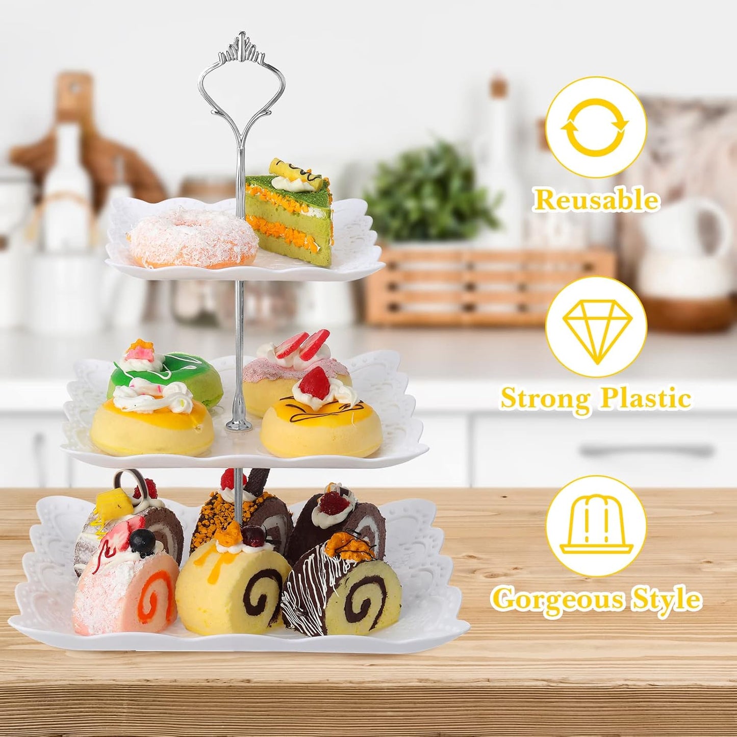 Sawysine 6 Pack 3 Tiers Dessert Stand Plastic Cupcake Stand Serving Trays Cupcake Display Stand Cookie Tray for Party and Platter for Home(Silver)