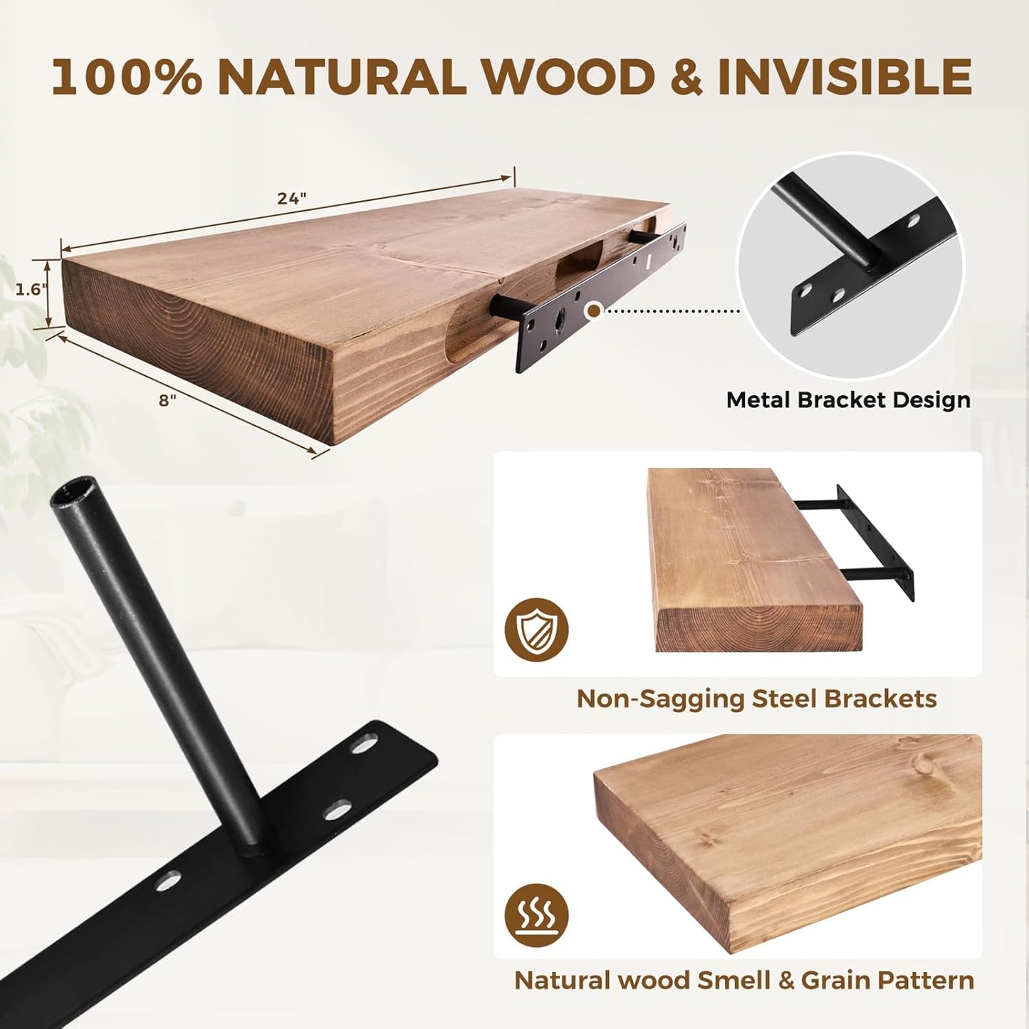 24x8x1.6 inch Floating Shelves Set of 2 – Solid Wood Rustic Oak Wall Mounted Shelf for Kitchen, Bathroom, Living Room