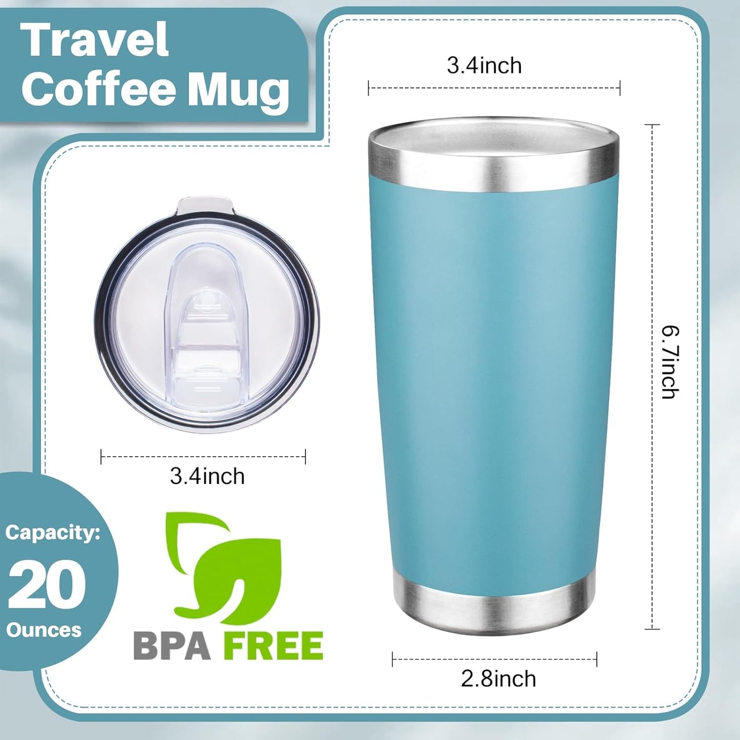 20oz Tumbler with Lid Double Wall Vacuum Insulated Travel Coffee Mug Stainless Steel Thermal Cup Powder Coated Sturdy Coffee Tumbler Bulk for Hot and Cold Beverage (Glacier blue,4)
