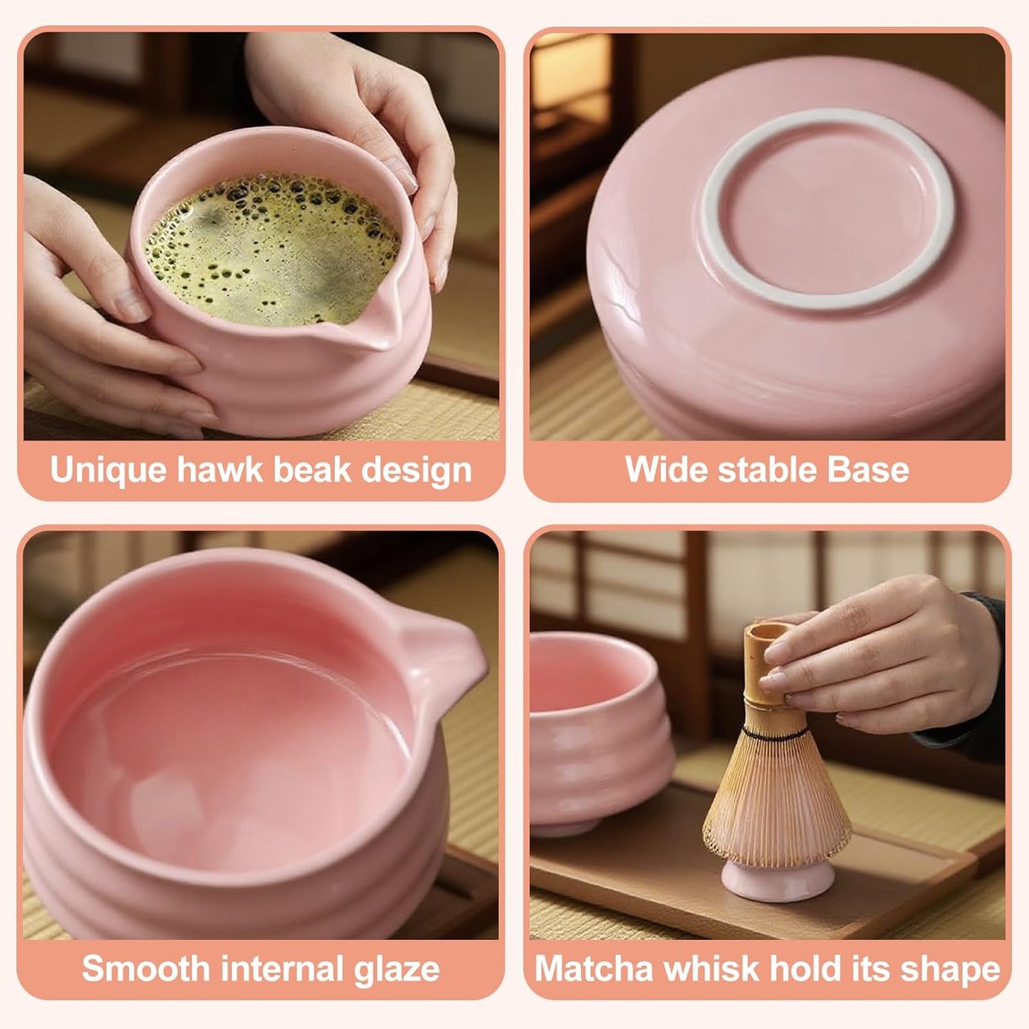 Matcha Whisk Set, 7PCS Matcha Set Includes Ceramic Matcha Set Includes Matcha Bowl, Matcha Whisk and Holder, Bamboo Scoop, Scoop Rest, Sifter and Tea Towel, Gift Bag (Pink)