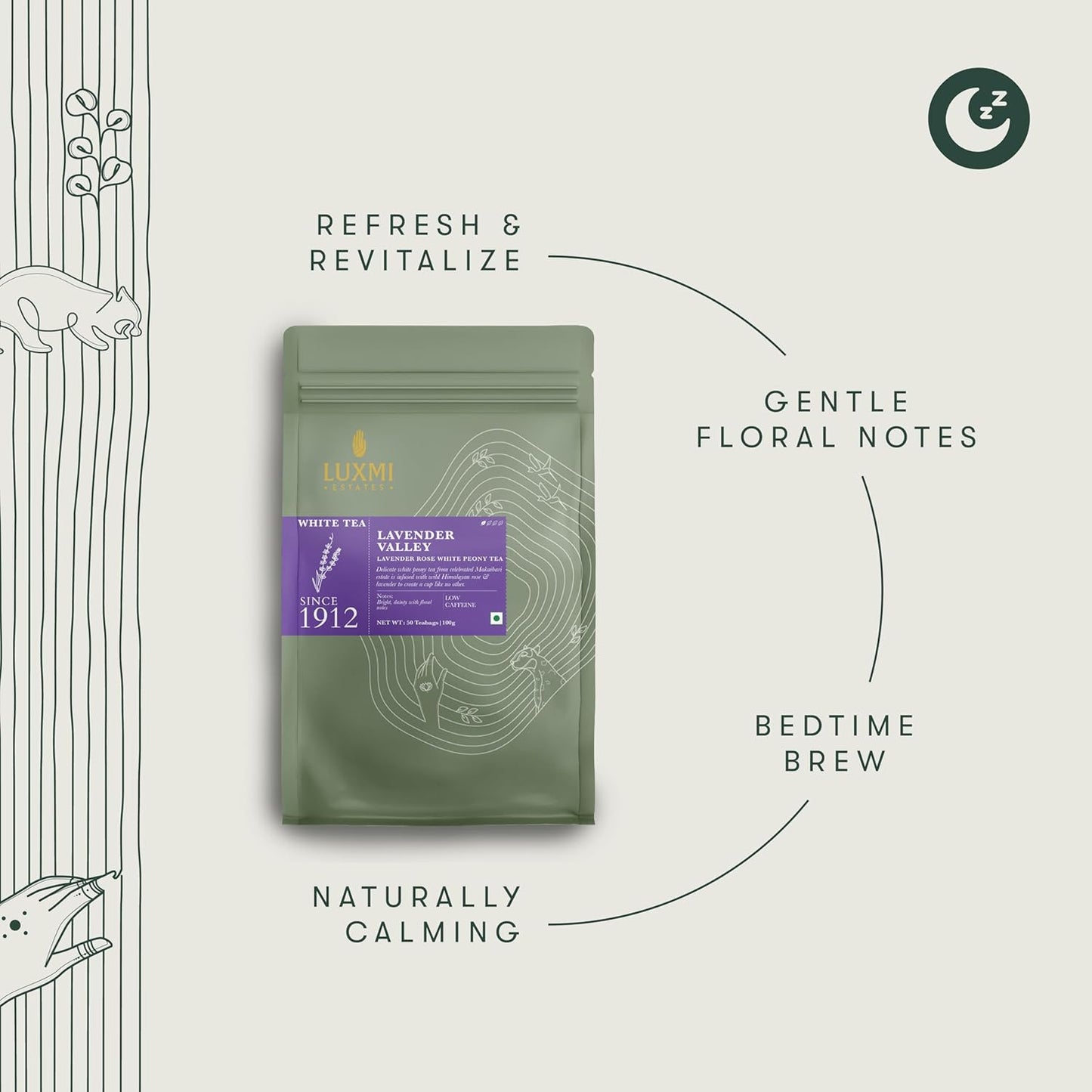 Luxmi Estates Lavender Valley Organic Lavender Tea (50 Tea Bags) Low Caffeine Tea Bags For Sleep, Relaxing, Calming, and Stress Relief, With Certified Organic Darjeeling Makaibari White Tea
