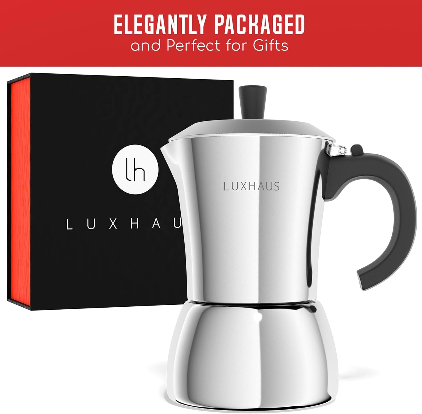 LuxHaus Moka Pot - 9 Cup Stovetop Espresso Maker - 100% Stainless Steel Italian and Cuban Mocha Coffee Maker