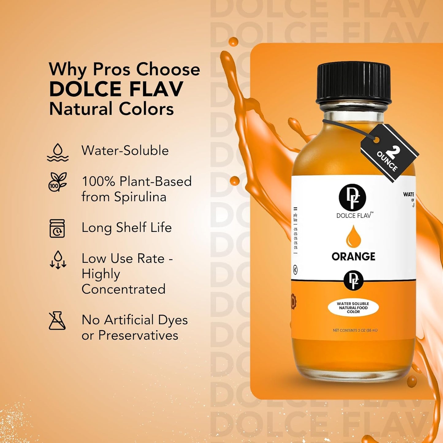 Dolce Flav Natural Orange Food Coloring – 2 oz Bright Plant-Based Liquid Dye | Water-Soluble Color for Baking, Drinks & Desserts | Graduated Dropper Included | No Artificial Dyes | Kosher | Made in USA
