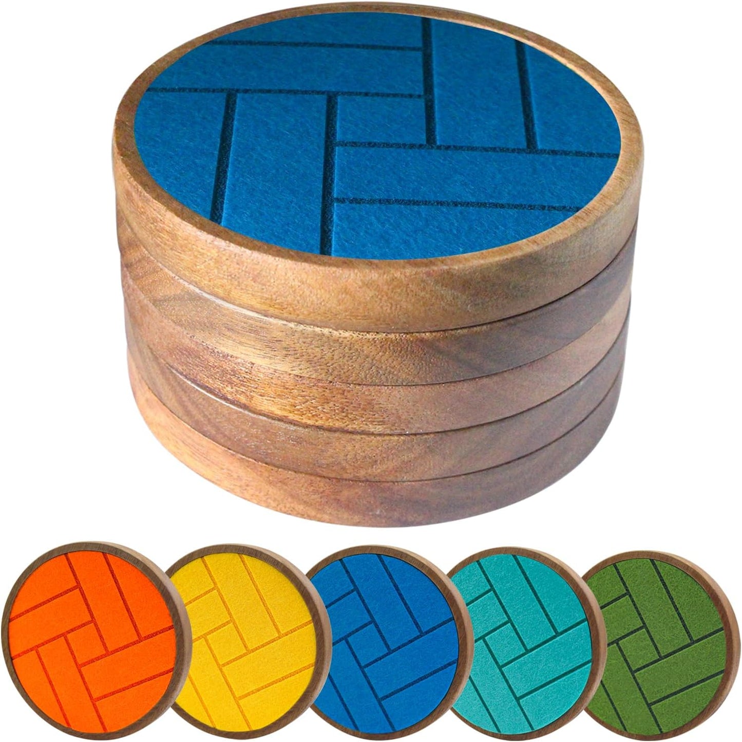 Coasters for Drinks Absorbent 5 Pack, Wood Coasters with Felt Pads, Drink Coasters for Coffee Tabletop Protection, Non-Slip, Non-Stick, Suit for Kinds of Cups 4.3 inch (Colorful Series)