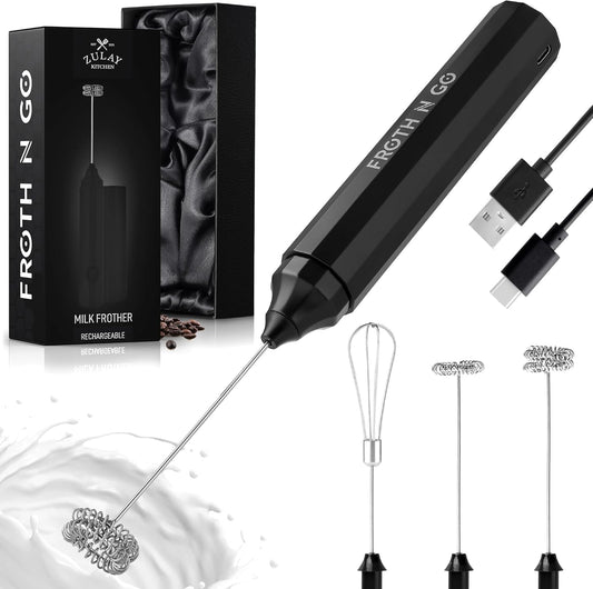 Zulay Froth N Go Milk Frother Rechargeable - 3-in-1 Frother Wand With Case & USB-C Charger - Comes With 3 Whisk Attachments for Latte, Cappuccino, Matcha, Protein Shakes - Black