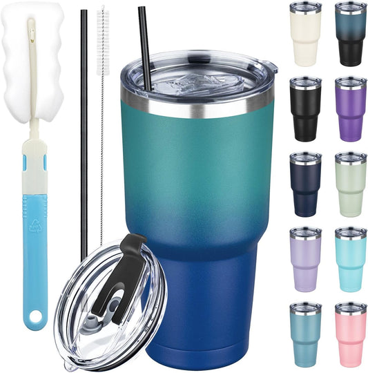 30 oz Tumbler with Lids and Straws, Stainless Steel Insulated Coffee Tumbler, Double Wall Vacuum Insulated Travel Mug Cup, Leakproof Thermal Coffee Cup for Hot and Cold Drinks (dark green blue)