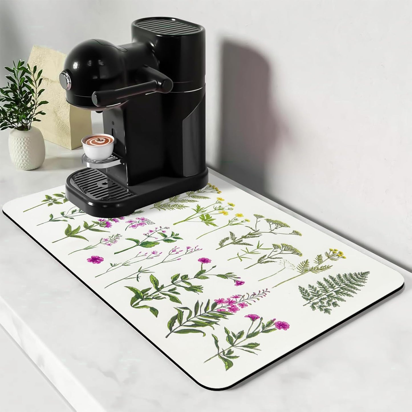 Bloss Dish Drying Mat, Multiple Usage Coffee Bar Mat, Kitchen Counter Mat, Absorbent Hide Stain Rubber Backed Dish Drying Pad(16.1"x24.1", 2-Row Flower)