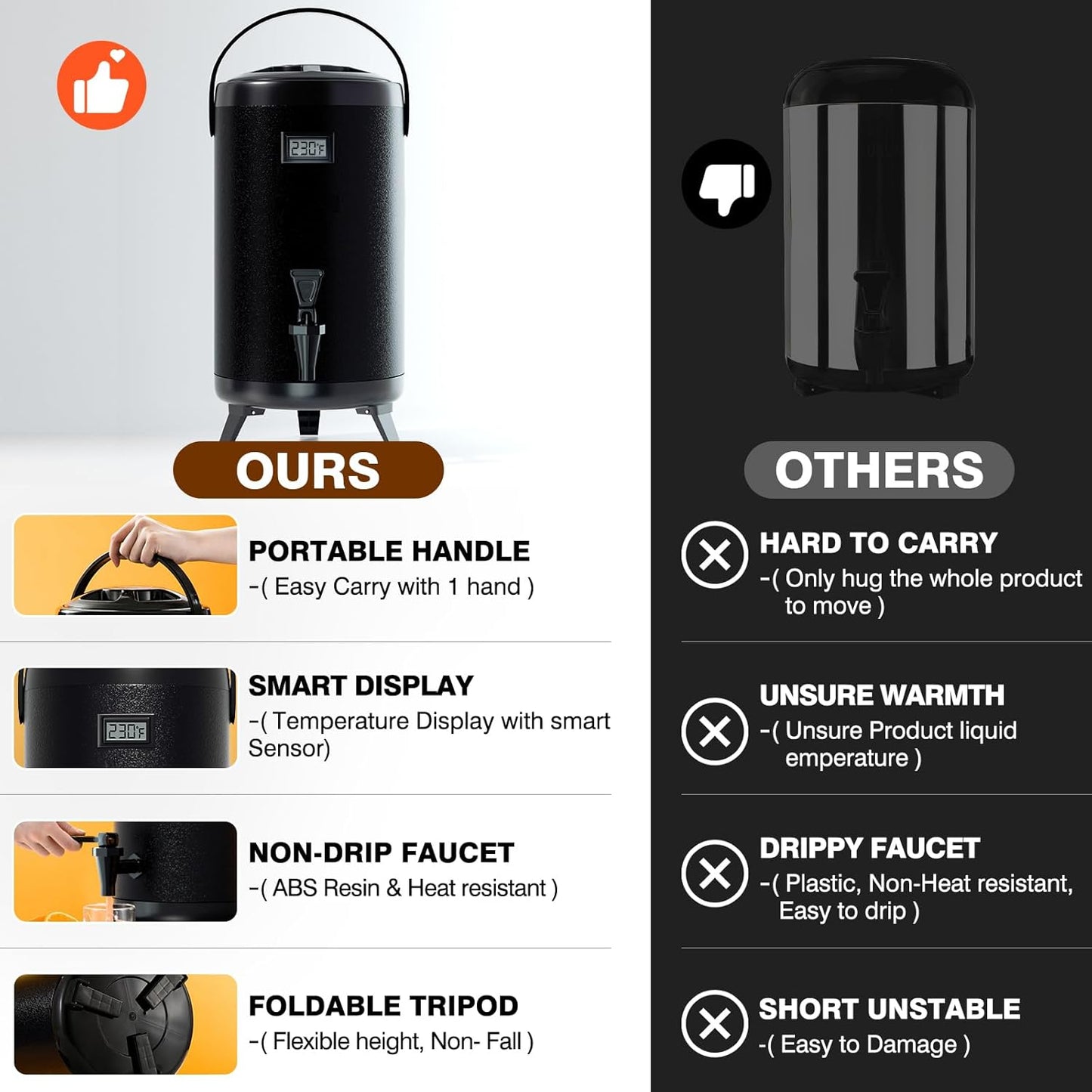 WantJoin 2-pack Insulated Beverage Dispenser-Thermal Hot and Cold Beverage Dispenser Tea Dispenser Stainless Steel 12L/3.2Gal Hot Drink Dispenser with Spigot for Hot Tea&Coffee,Cold Milk,Juice Black