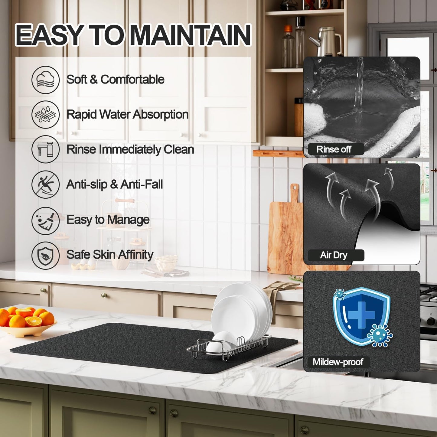 Dish Drying Mat for Kitchen Counter | Coffee Bar Mat for Countertops | Heat Resistant Drainer Mat with Non-slip Rubber Backed | Hide Stain Kitchen Absorbent Draining Mat | Black 16"x18"