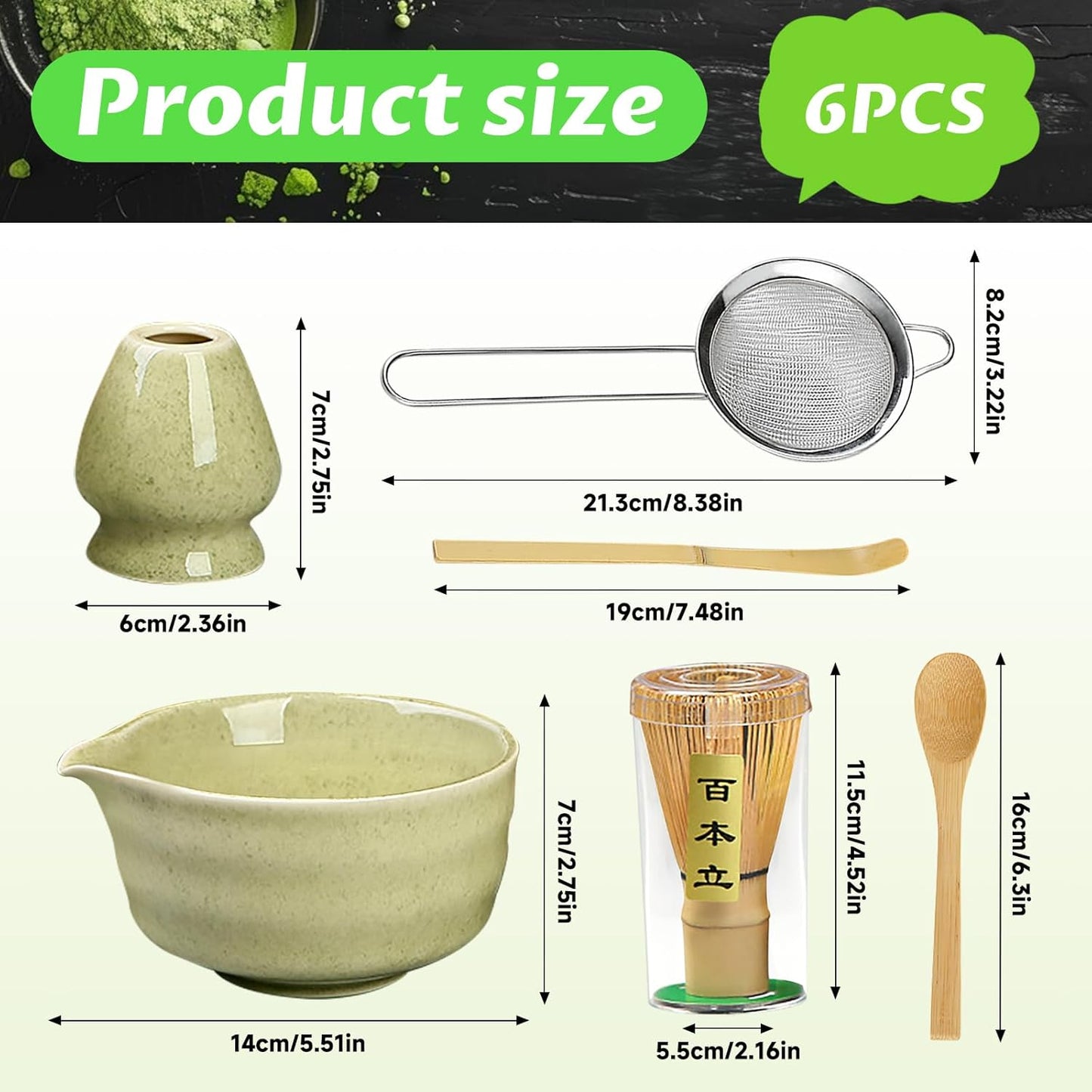 Matcha Set, 6 Pcs Matcha Whisk Set with 20 oz Bowl, Bamboo Whisk for Matcha Tea, Matcha Bowl, Ceramic Matcha whisk Holder, Stainless Sifter and Scoop - Gift for matcha kit Lovers（Green）