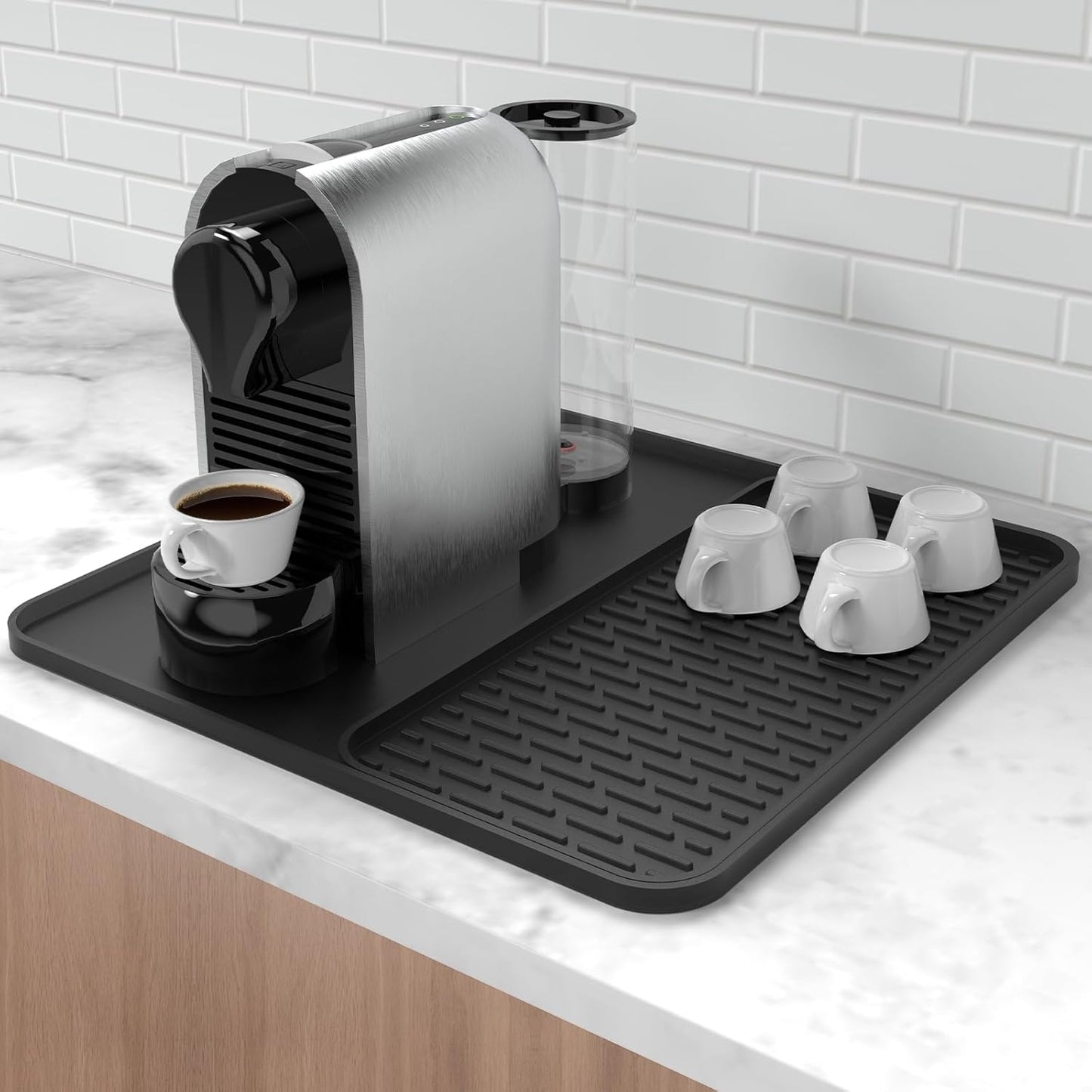 Silicone Coffee Mat,16''x16'' Coffee Bar Mat with Detachable Dish Drying Mat for Kitchen Countertops,Coffee Bar Accessories Fit Under Coffee Maker Coffee Machine Coffee Pot Espresso Machine Dish Rack