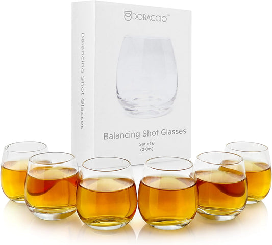 Cool Shot Glasses Set, Round Bottom Balancing Heavy Base Clear Glass, Tequila Vodka Scotch and Liquor Cordial Mini Cups, 2 oz, 6 pcs Gift set