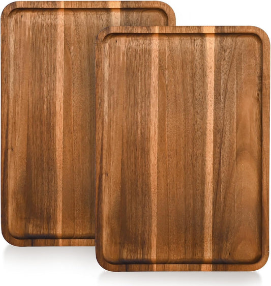 2 Pcs Acacia Wood Serving Tray, Charcuterie Boards Rectangular Wooden Platter, Large Serving Tray Wood Kitchen Display Tray for Food, Cookie, Dessert, Fruit, Snack, Vegetable, 13" x 9" x 0.6"