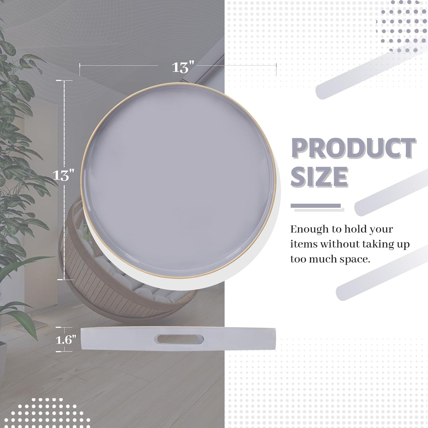 MAONAME 13" Gray Round Tray, Grey Serving Tray with Handles, Modern Round Decorative Trays for Coffee Table, Plastic Trays for Ottoman, Bathroom, Decor