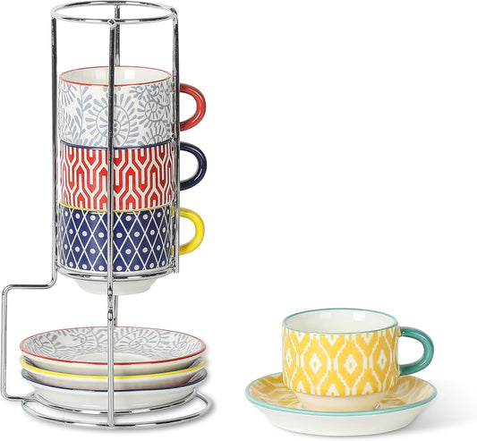 Selamica Ceramic Espresso Cups with Saucers and Metal Stand, 2.5 OZ Stackable Demitasse Cups for Espresso Latte Café Mocha Tea, Set of 4, Assorted Colors