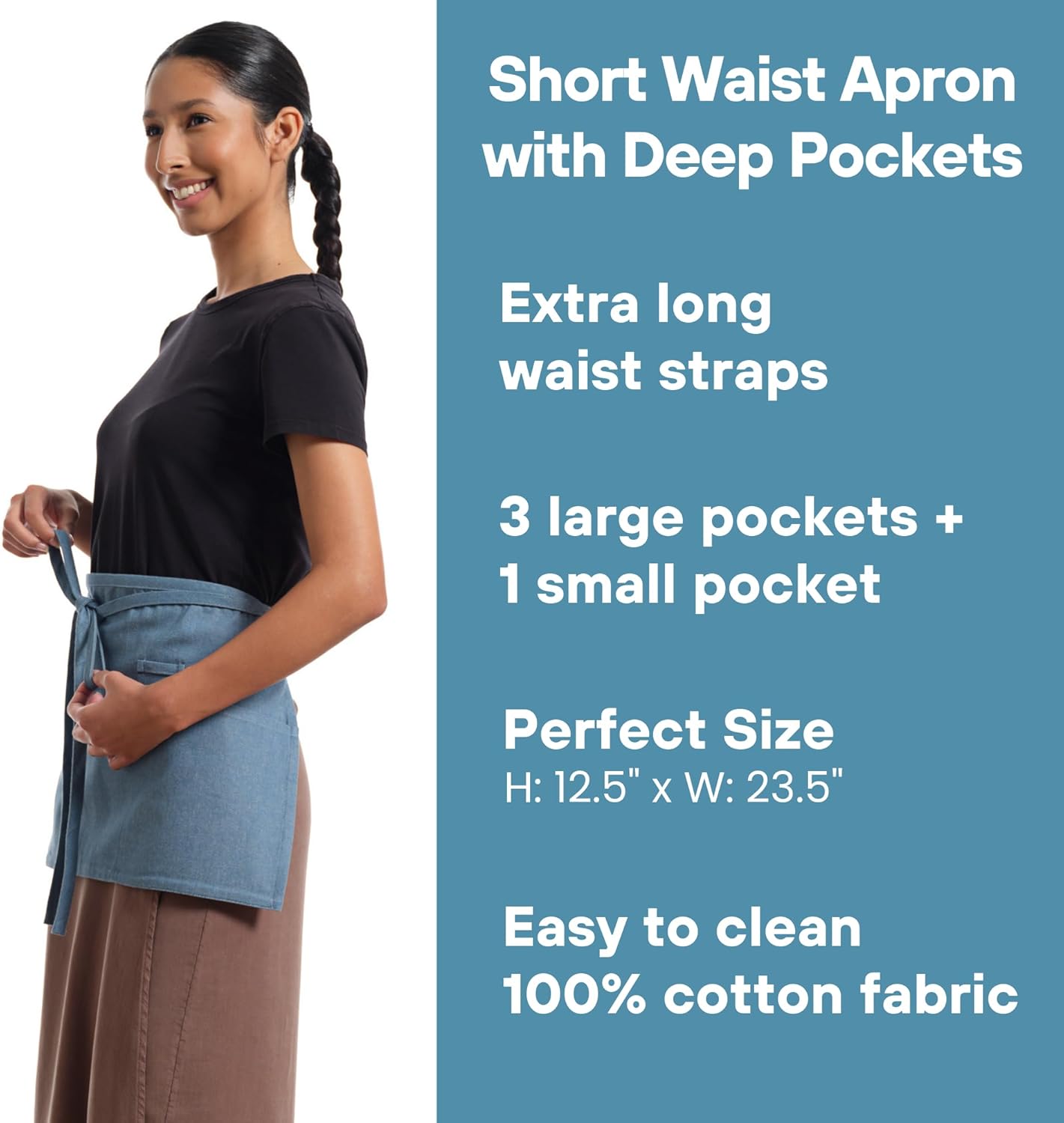 MEEMA Waist Aprons For Women With Pockets | Stylish Server Kitchen Apron Short, 23x13 Inches | Breathable Chef Apron for Cooking | Washable Cooking Aprons