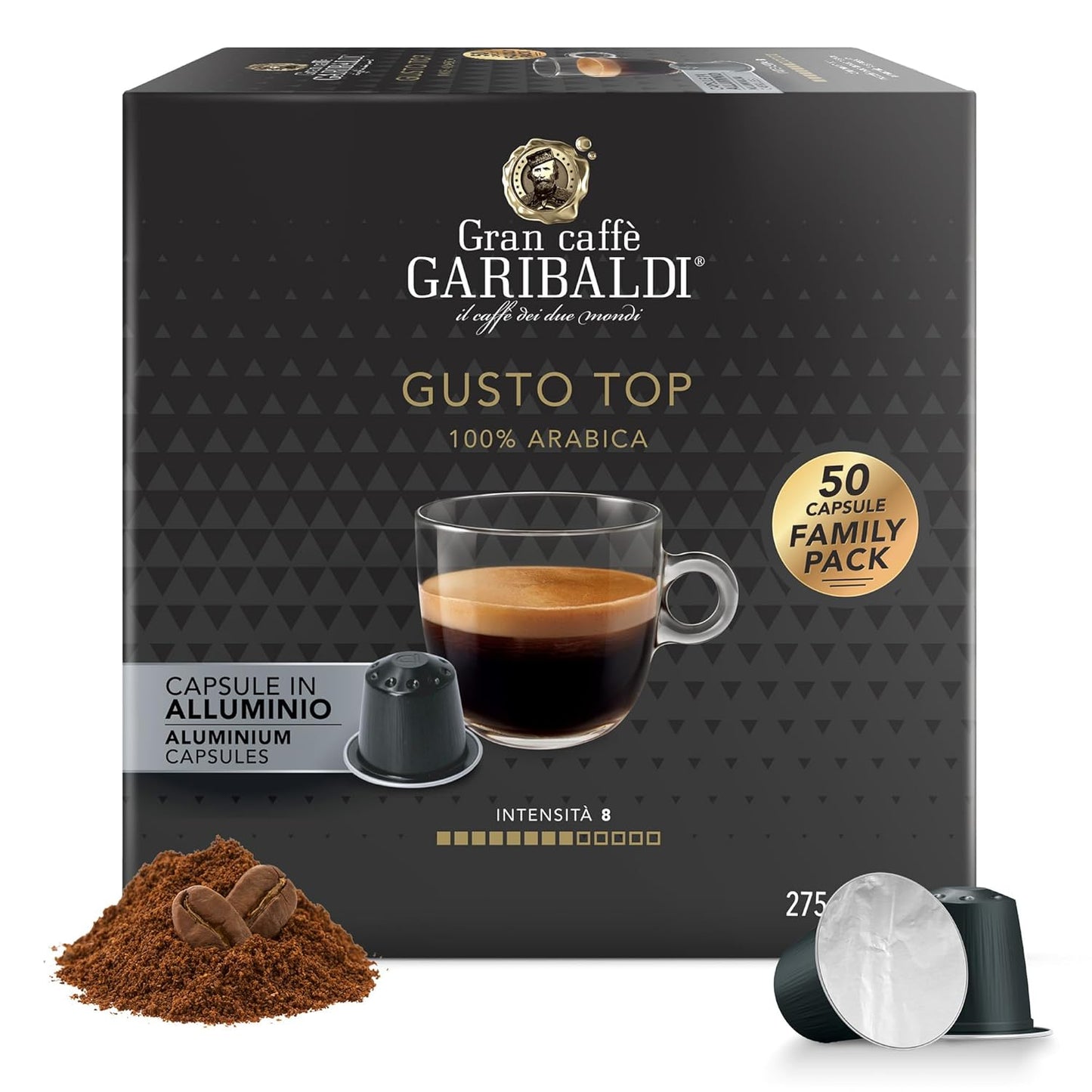 Gran Caffè Garibaldi Espresso Pods, Italian Roasted Compatible Nespresso Original Line Machines, 100% Arabica Blend, Brazilian & Central American Beans, Cocoa Aroma - Gusto Top (Aluminum) 50 Cups