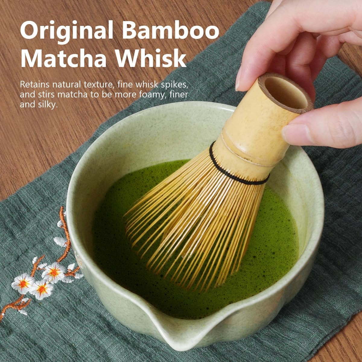 Matcha Kit, 7 Pcs Japanese Matcha Whisk Set Includes Matcha Bowl with Spout, Bamboo Whisk, Chasen Holder, Stainless Sifter, Scoop and Rest, Tea Towel, Matcha Tea Set Gift for Family/Friend