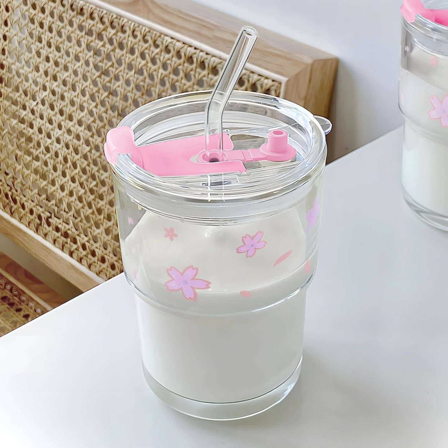 Iced Coffee Cup, 15Oz/450ml With Lids and Straws, Thick Wall Glass Mug for Tea Water, Cute Tumbler Gifts (Pink)