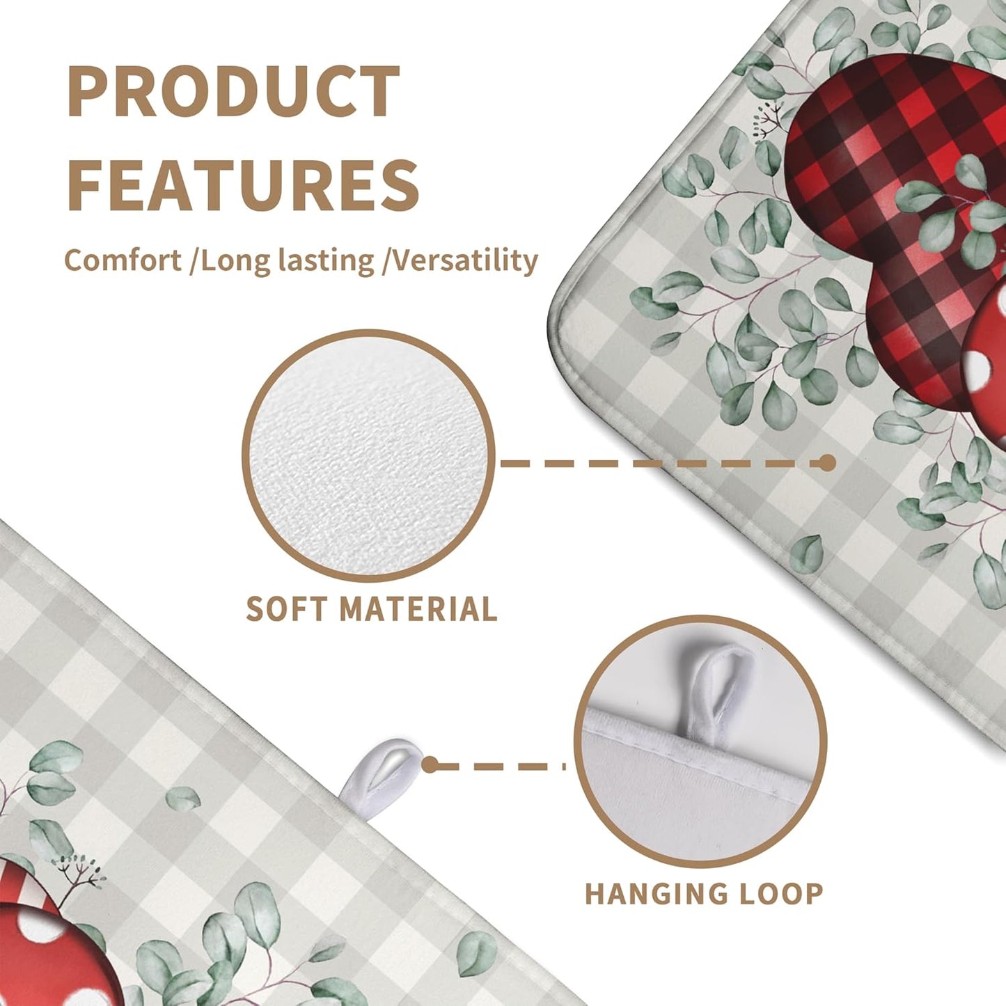 Valentines Day Dish Drying Mat Valentine Buffalo Plaid Eucalyptus Hearts Dishes Dryer Pad for Kitchen Countertops Microfiber 18x24 Inches