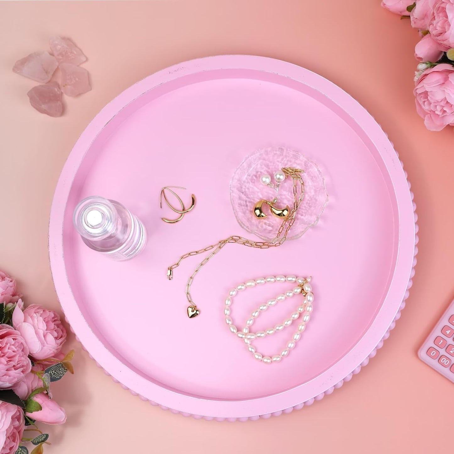 Pink Round Wood Decorative Ottoman Tray for Coffee Table Kitchen Counter, Living Room, Handcrafted Wooden Serving Tray for Table Centerpiece