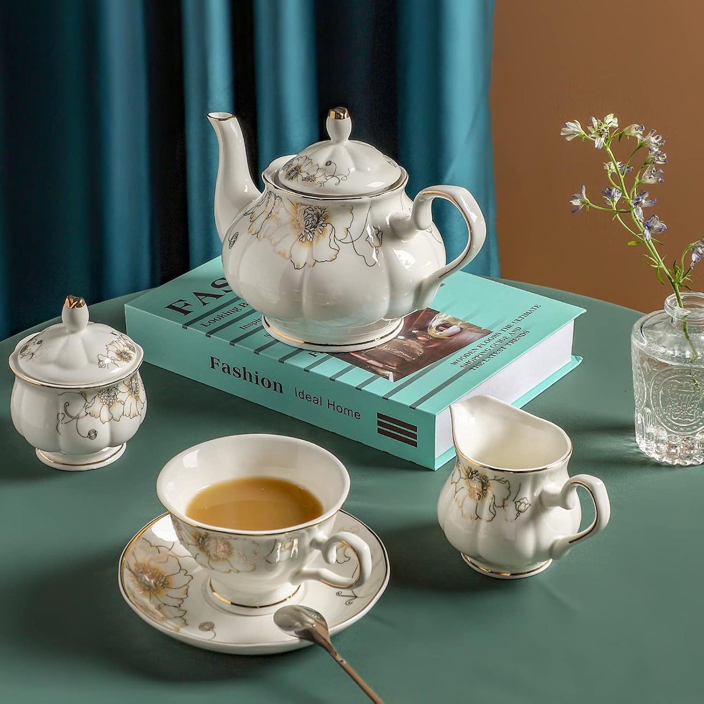 CHENP.HMC Tea Set 22-Piece Porcelain Ceramic Coffee Tea Gift Sets Cups Saucer Service for 6 Teapot Sugar Bowl Creamer Pitcher and Teaspoons (Chrysanthemum)