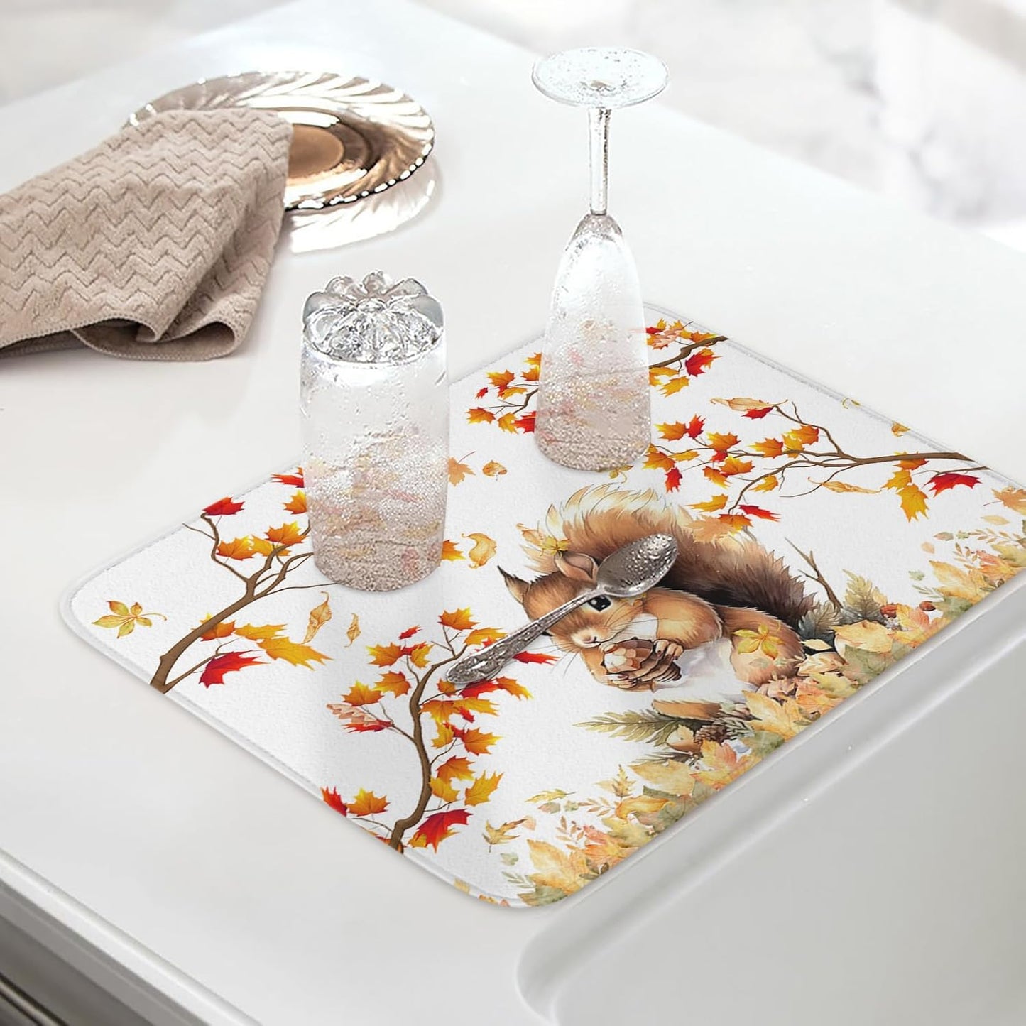Fall Dish Drying Mat for Kitchen Counter Squirrel Drying Pad Absorbent Drying Mats for Countertops Sinks Draining Racks Pine Cone Autumn Maple Leaves Drainer Holiday Harvest Thanksgiving Decor 16x18