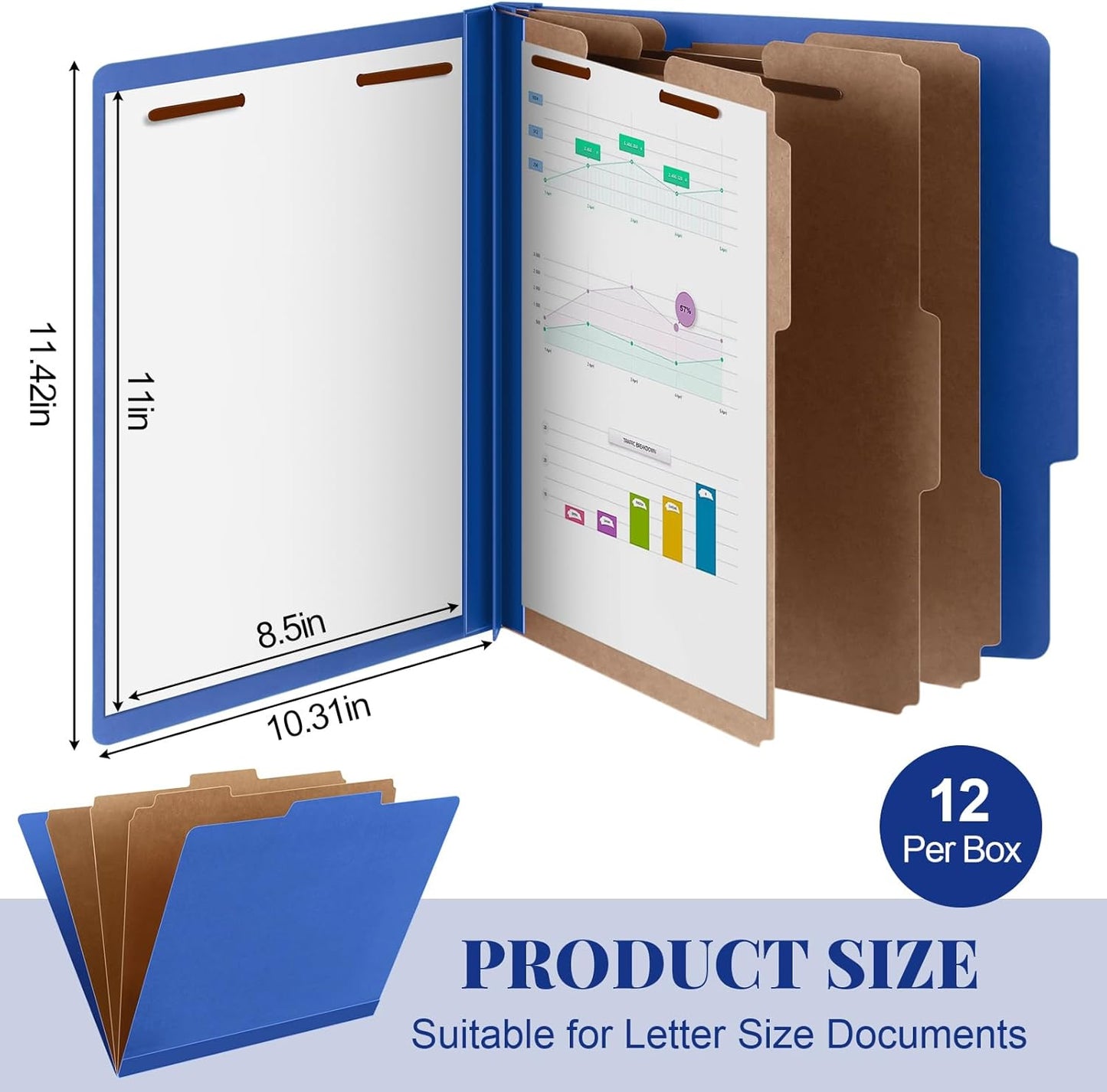 12 Pcs Classification Folders Letter Size, Back to School Supply for Teacher, Student, 3 Dividers Pressboard File Folder Bulk with 2 Fasteners, 3.5 Inch Expanding File Organizer (Dark Blue)