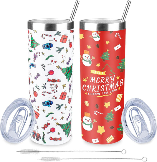 20oz Christmas Skinny Tumbler with Lid and Straw,Stainless Steel Vacuum Insulated Tumbler Cup Double Wall Travel Coffee Mug Christmas Gifts for Women Men(Xmas Elements,2)