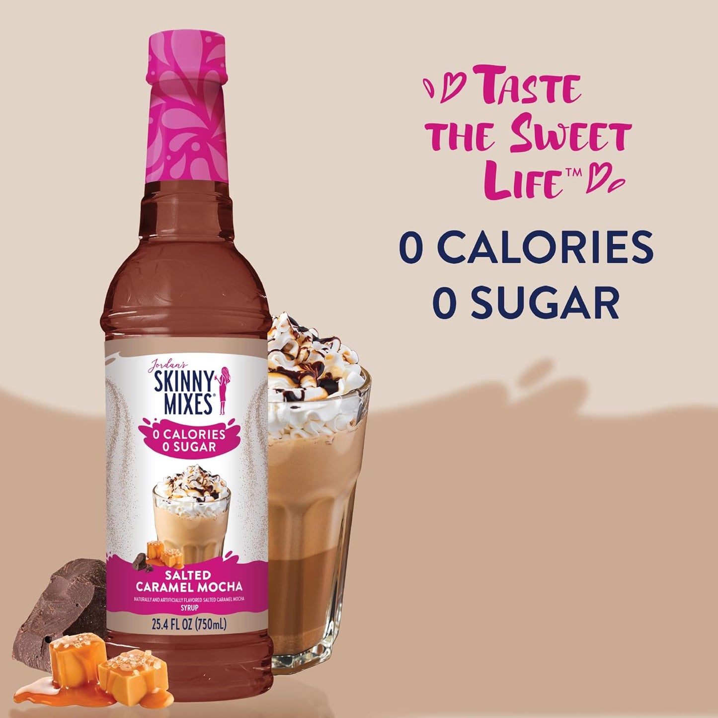 Jordan's Skinny Syrups Sugar Free Coffee Syrup, Salted Caramel Mocha Flavor Drink Mix, Zero Calorie Flavoring for Lattes, Protein Shake, Food & More, Gluten Free, Keto Friendly, 25.4 Fl Oz, 1 Pack