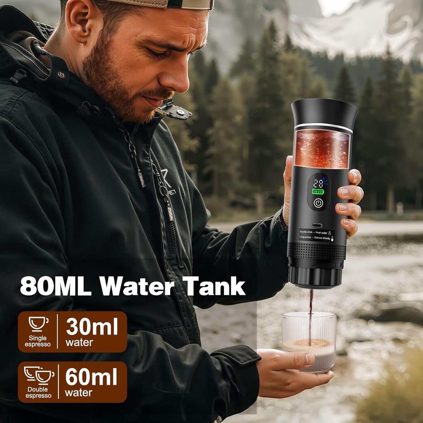 Portable Espresso Machine for Hiking Smart Display, 20 bar Mini Travel Coffee maker, Expresso Coffee Machines with USB-C,3-in-1 Car Coffee Maker Self-Heating, Ground Coffee & Capsule(Ns&DG)