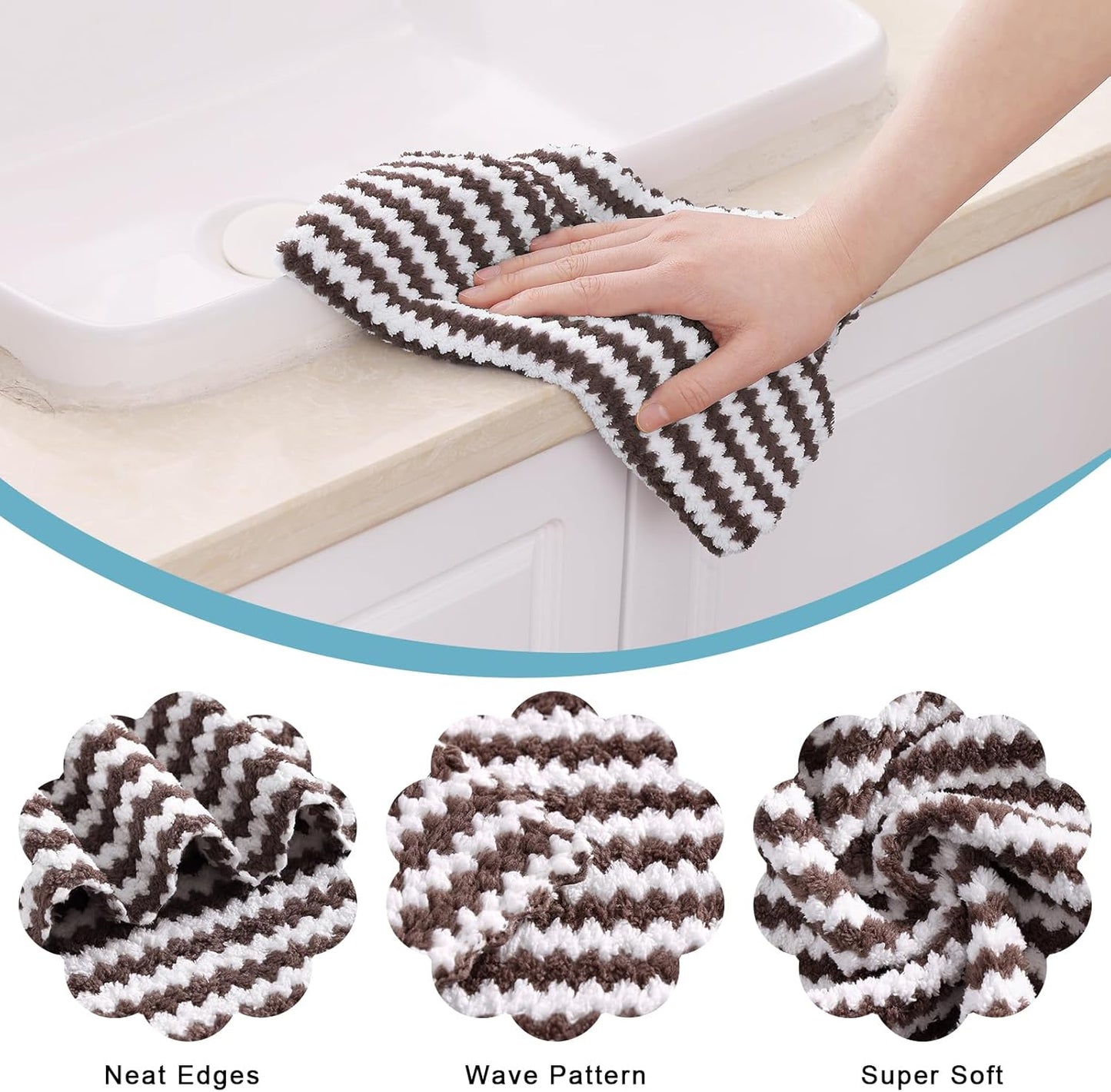 Homaxy Kitchen Towels(24 Pack, 10 x 20 inches), Ultra Soft and Absorbent Dish Towels, Reusable Fast Drying Microfiber Cleaning Cloth, Coral Velvet Wave Design No-lint, Brown