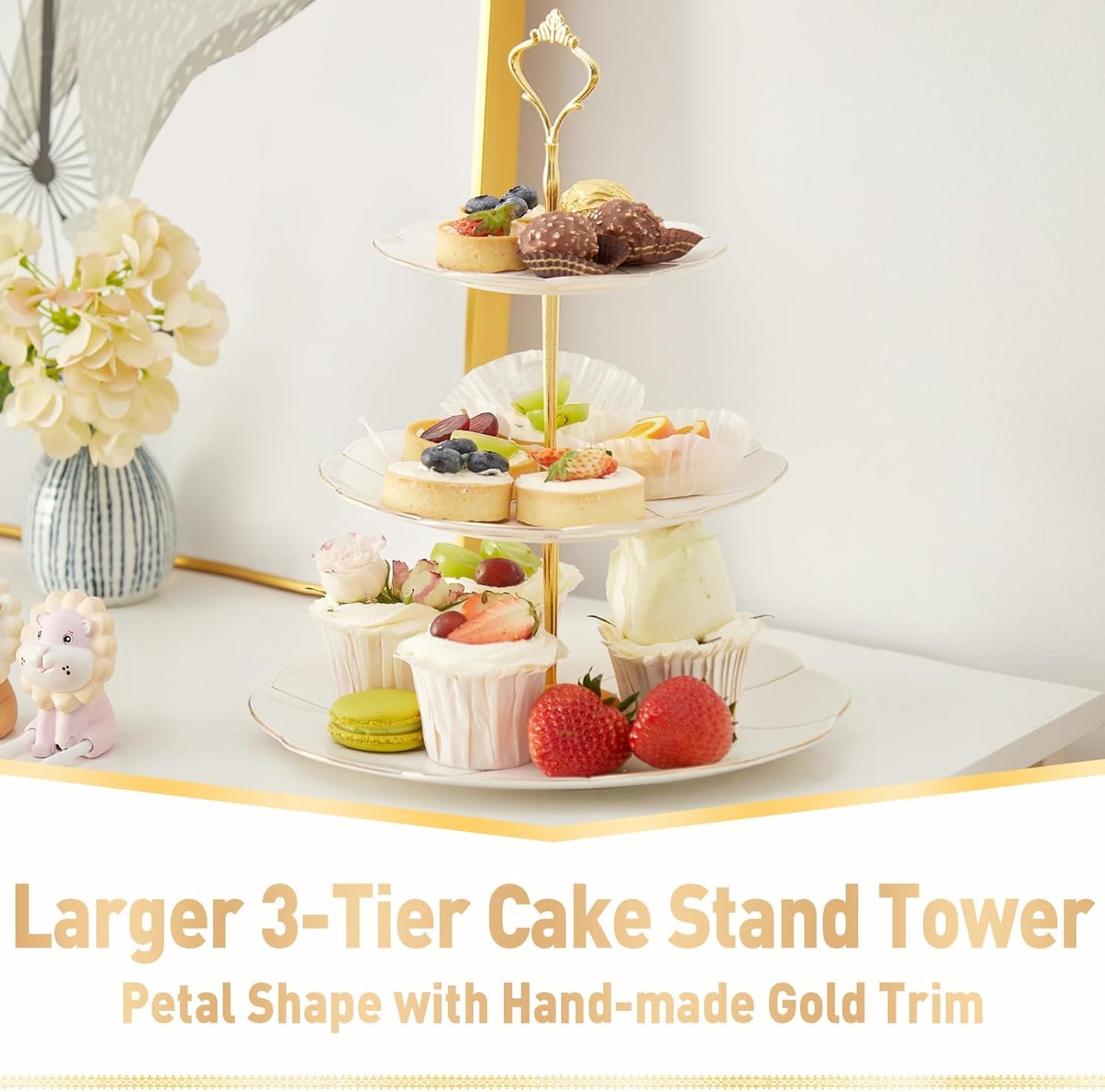 DUJUST Luxury Larger 3-Tier Cupcake Stand Tower, British Style Porcelain Serving Tray with Golden Trim, Food Grade Dessert Display Stand for Tea Party & Home Décor - 45% Larger Plates