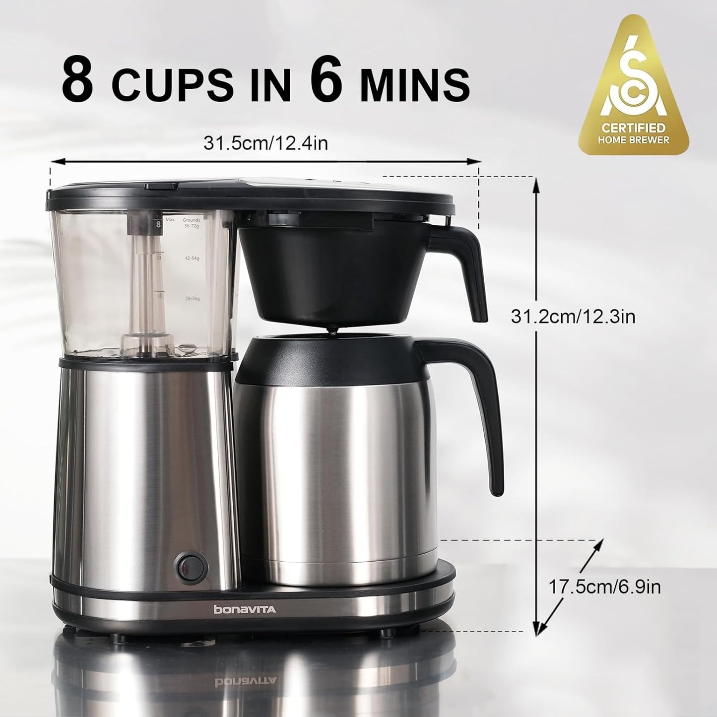 Bonavita 8 Cup Drip Coffee Maker Machine, One-Touch Pour Over, Auto Pause Brewing with Stainless Steel Double Wall Thermal Carafe, SCA Certified, Dishwasher Safe, BV1901TS