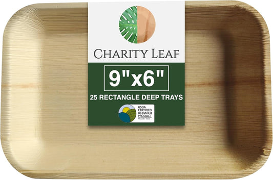 Charity Leaf Eco-Friendly Palm Leaf Trays (50-Pack) - 9"x6" | Elegant Bamboo-Style Platters | Perfect for Weddings & Events | Compostable & Biodegradable Green Serveware