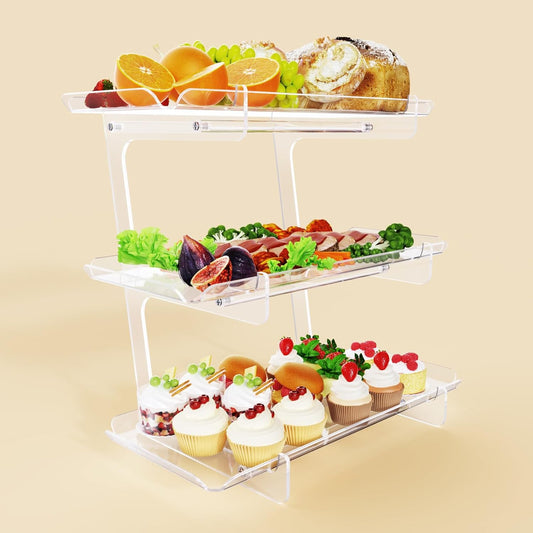 3 Tier Acrylic Serving Tray, 15.3" x 7.1" Dessert Table Display Set Stand for Party, Desserts, Fruits, Cookies – Reusable Collapsible Tiered Platters for Cupcakes, Veggies, and Sweet Treats