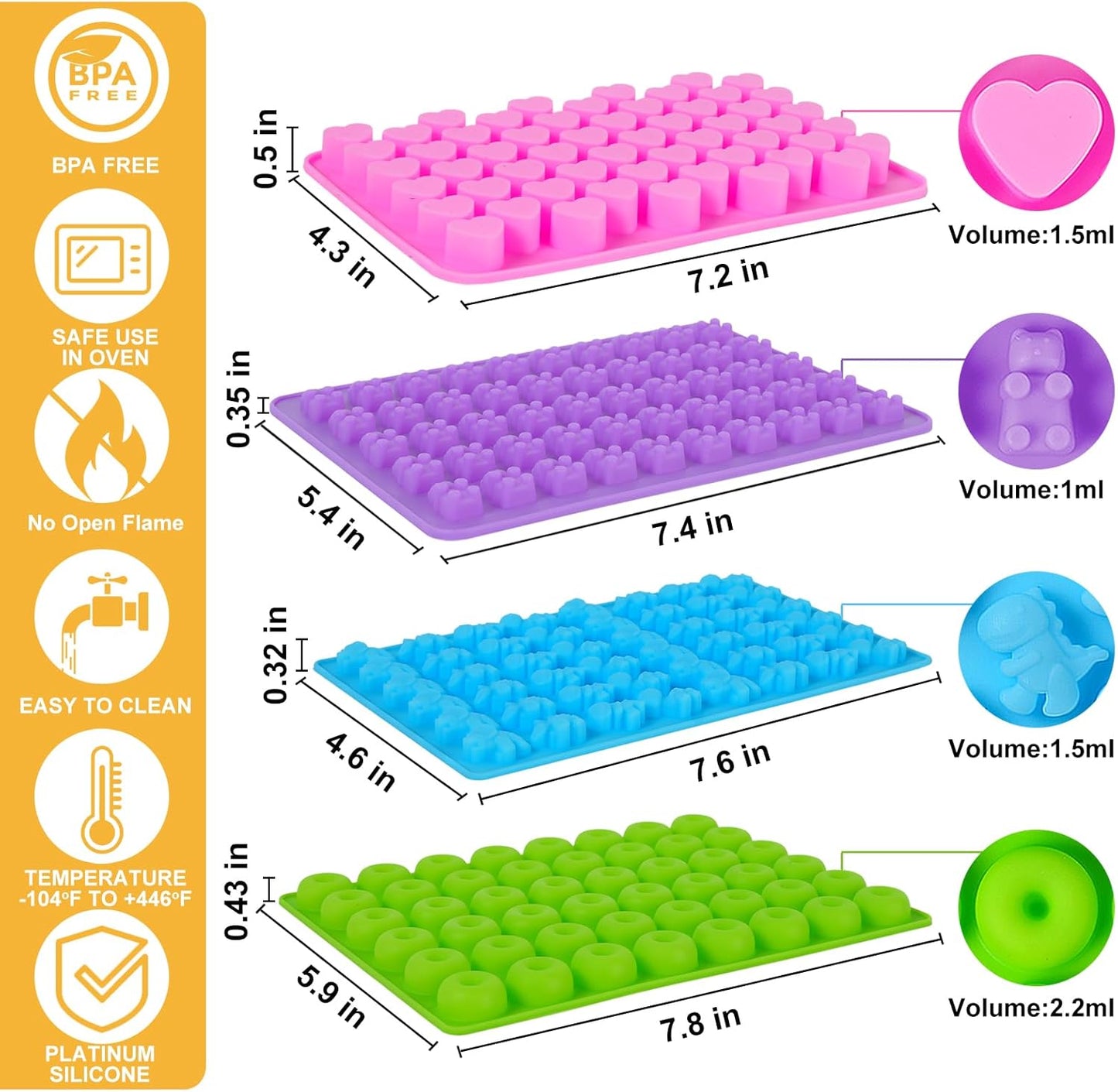 Silicone Gummy Bear Molds,4Pcs Non-stick Chocolate Candy Molds with 2 Droppers Including Mini Dinosaur, Bear Shape, Hearts and Mini Donut