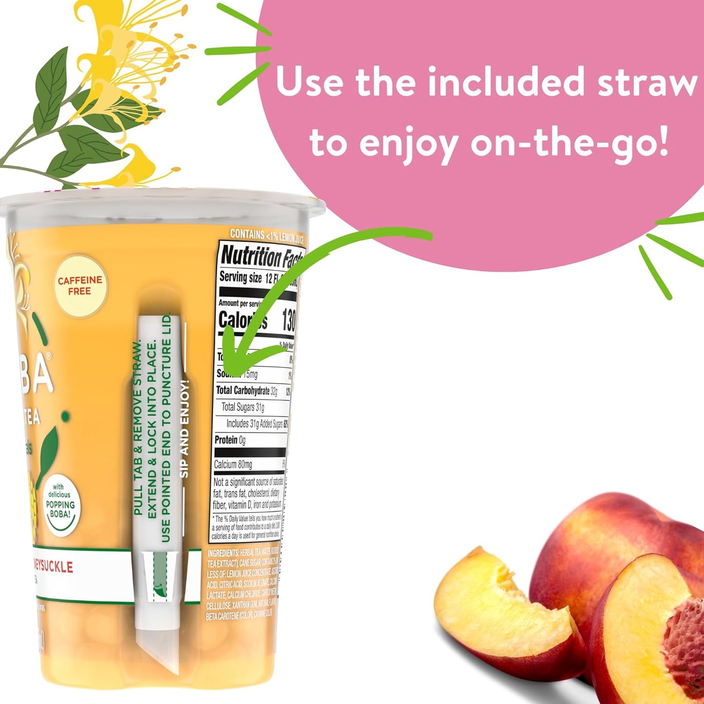 JOYBA Botanicals Sweet Peach Honeysuckle Bubble Tea, 4 Pack, 12 fl. oz. Cups