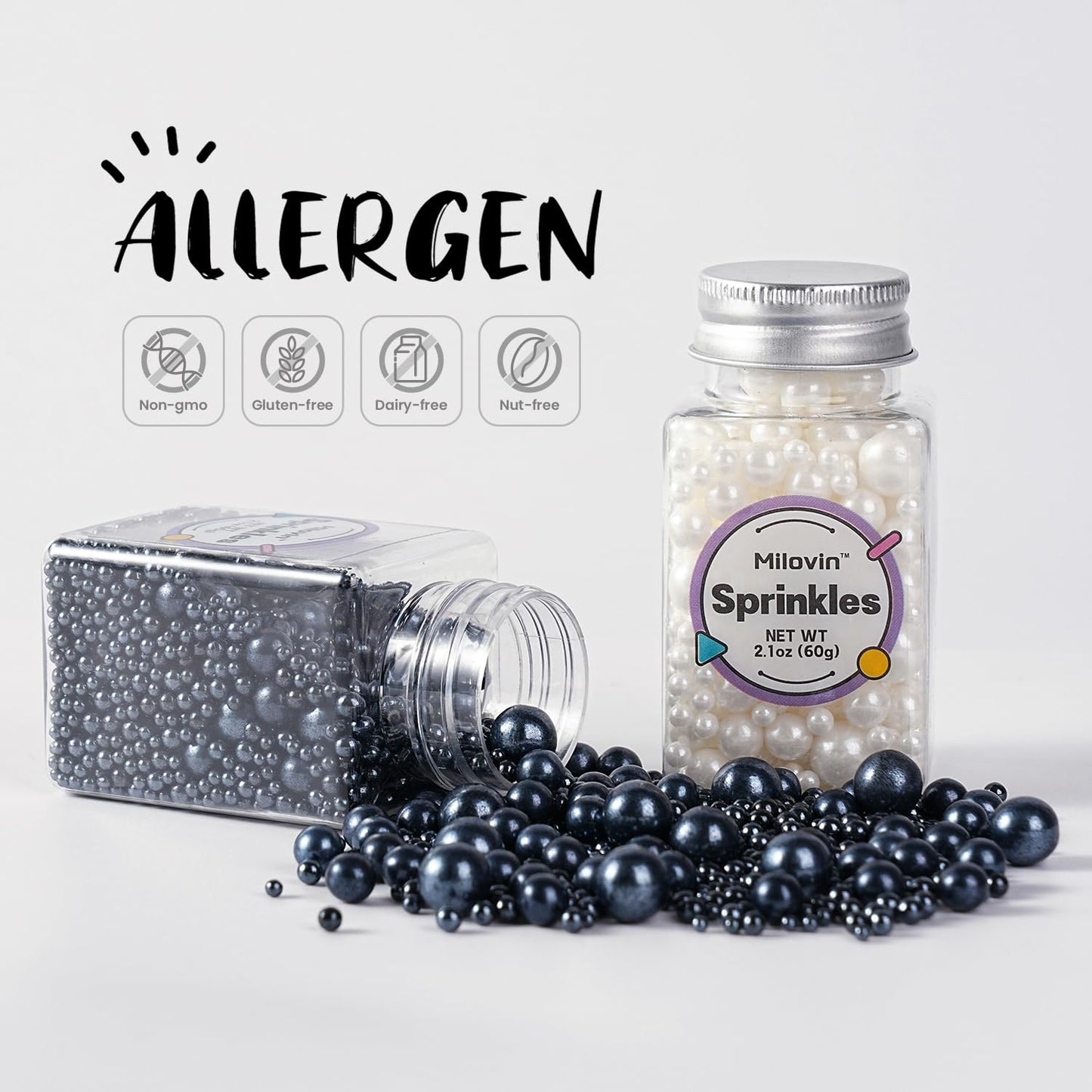 Edible Black and White Sprinkles, White Pearl Sprinkles, Black Sugar Pearls, Edible Pearls for Cake Decorating, Cupcakes, Ice Cream Toppers, Macarons, and Cookies(4.23oz)