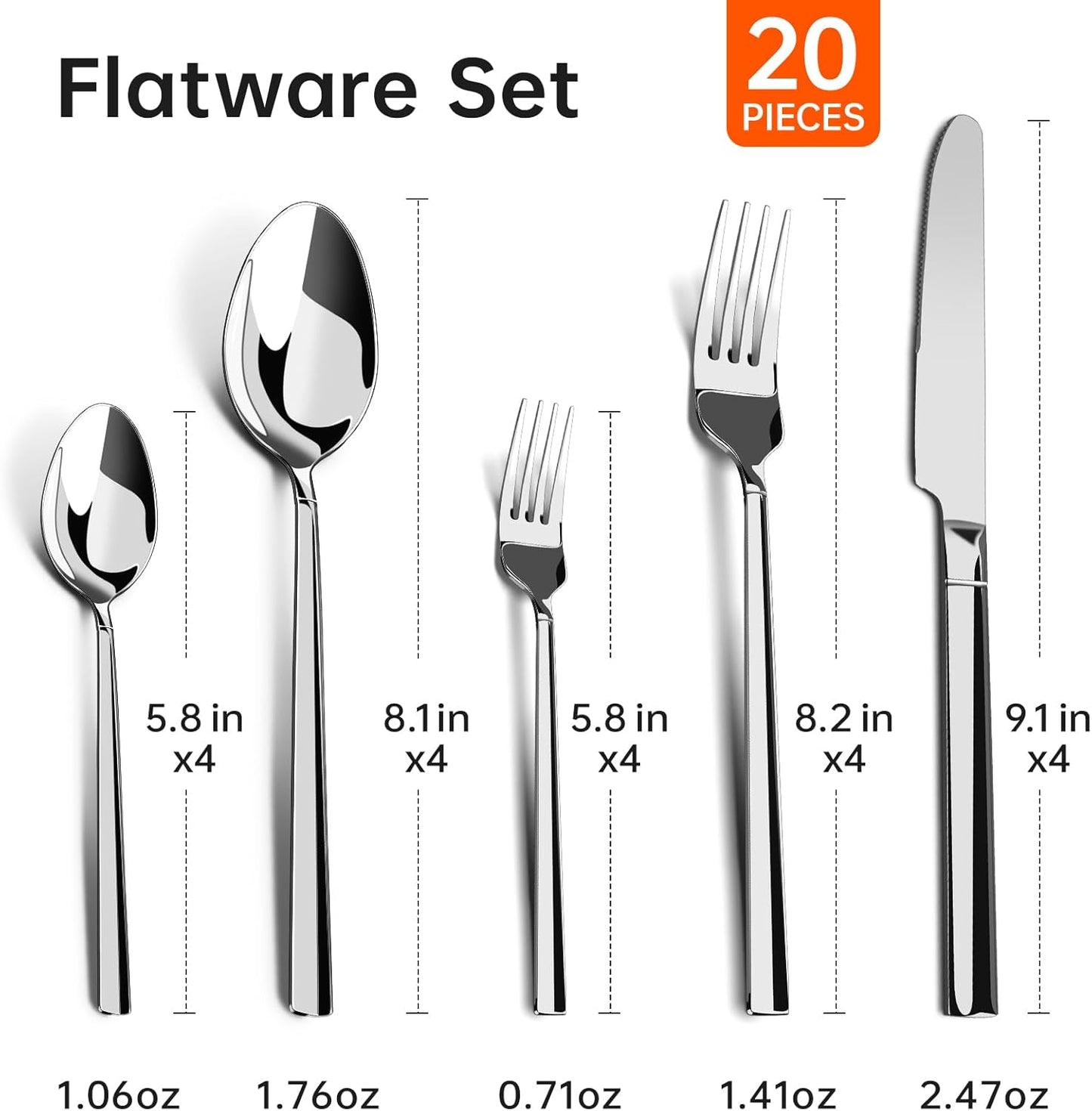 20-Piece Stainless Steel Flatware Set, Service for 4 — 4 × 5-Piece Place Settings (Knife, Dinner Fork, Salad Fork, Dinner Spoon & Teaspoon), Mirror-Finish, Dishwasher Safe Silverware