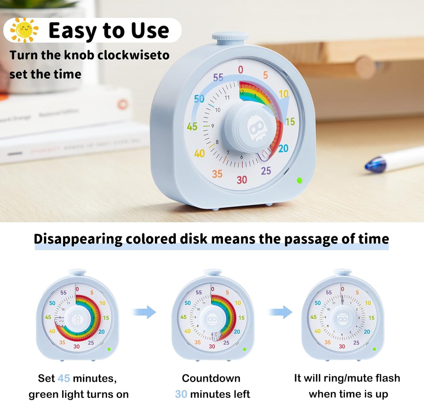 Visual Timer for Kids, Rechargeable Timer for Classroom Office Kitchen with 'Rainbow' Pattern Design, 60min/12h Silent Countdown Timers, Pomodoro Timers Management Tool for Toddler ADHD