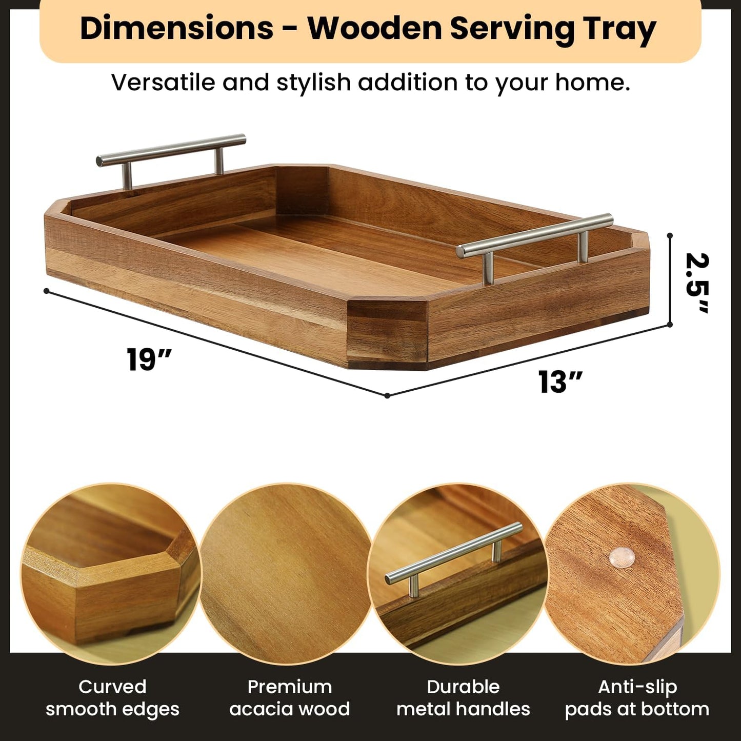 Wooden Serving Tray with Handles – Premium Acacia Wood Tray for Couch, Coffee Table, Ottoman, or Bar – Rustic Walnut & Dark Wood Serving for Drinks, Snacks, Breakfast, and Meal