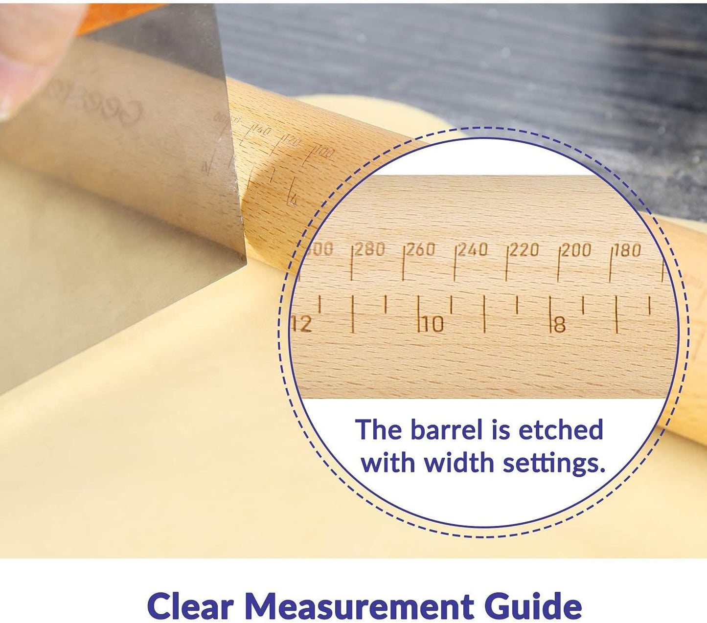 Geesta Adjustable Wood Rolling Pin with 5 Thickness Rings, Precise Dough Roller Handle Press Design with Measurement Guide for Baking Fondant, Pie Crust, Cookie, Pastry - Baking Essential