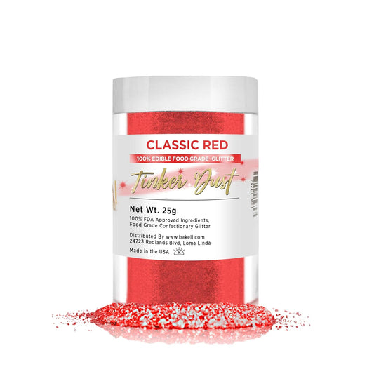 BAKELL Classic Red Edible Glitter, 25 Grams | TINKER DUST Edible Glitter | KOSHER Certified | 100% Edible Glitter | Cakes, Cupcakes, Cake Pops, Drinks, Dessert Vegan Glitter & Dusts (25g, Classic Red)