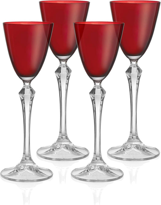 Barski Cordial Glass - Liquor Glass - Set of 4 - Ruby (Red) Colored Top - Clear Stem - Cordial Glasses - Sherry Glasses - Shot Glasses - 3 oz. - Made in Europe