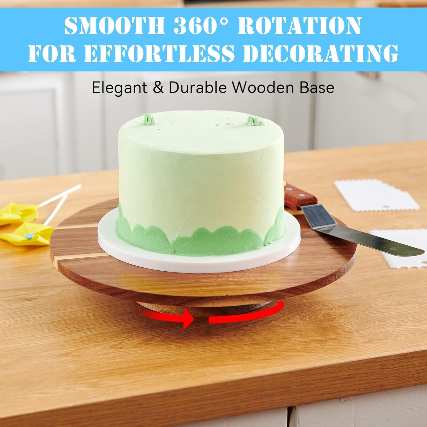 Remerry 61 Pcs Cake Decorating Kit with 12" Wooden Cake Stand Turntable Includes Piping Tips, Spatula, Coupler, Offset & Straight Spatulas, Silicone Mat Baking Tools for Beginners and Professionals