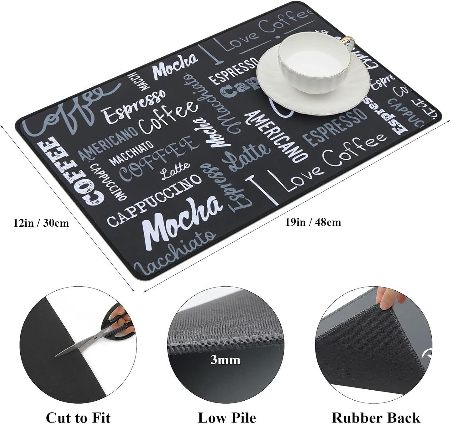 SHACOS Coffee Mat 2-Pack 12x19 Inch Absorbent Non Slip Coffee Maker Mats for Countertop Coffee Bar Accessories Dish Drying Mat Waterproof Heat Resistant, Chalkboard Black