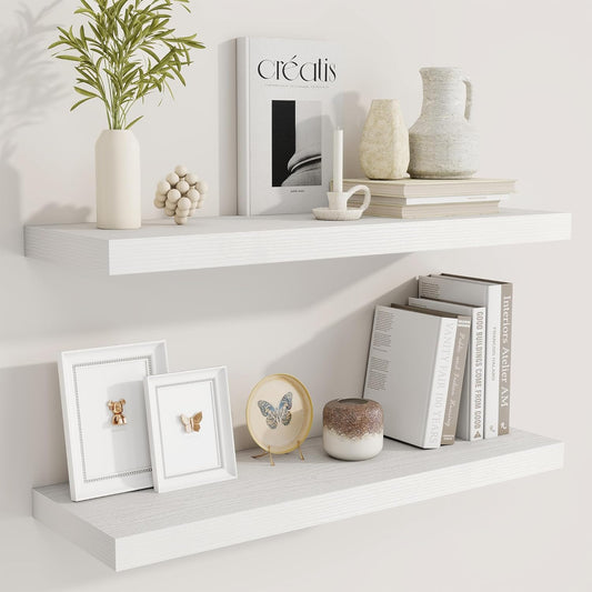 Fun Memories 30 Inch Floating Shelves for Wall, 9 Inch Deep White Rustic Wood Wall Mounted Shelves for Bathroom, Bedroom, Living Room, Set of 2